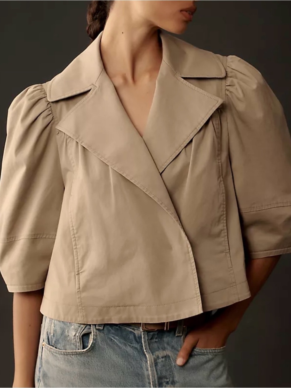 Anthropologie MaeveBeige Puff-Sleeve Cropped Jacket